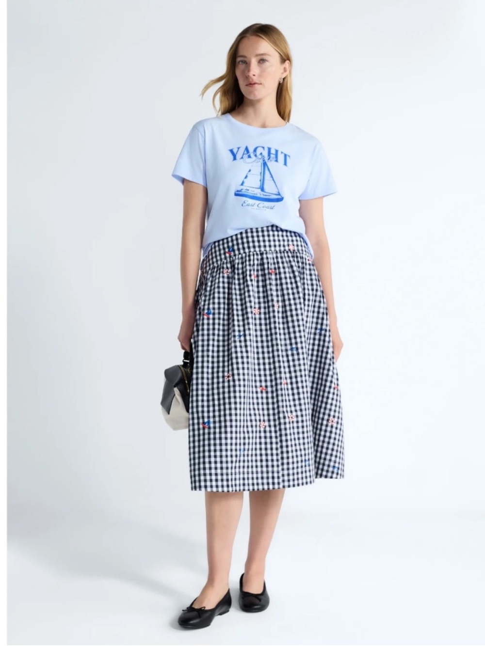 Free Assembly Navy Gingham Midi Skirt with Nautical Embroidered Detail NWT 12